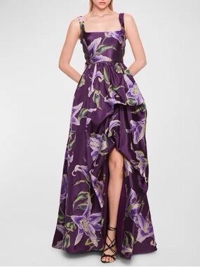 Purple Floral High-Low Evening Dress with Square Neck
